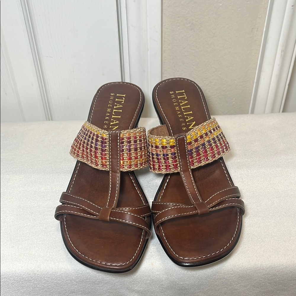 Italian Shoemakers Brown and Red Sandals with Geometric Embellishments
